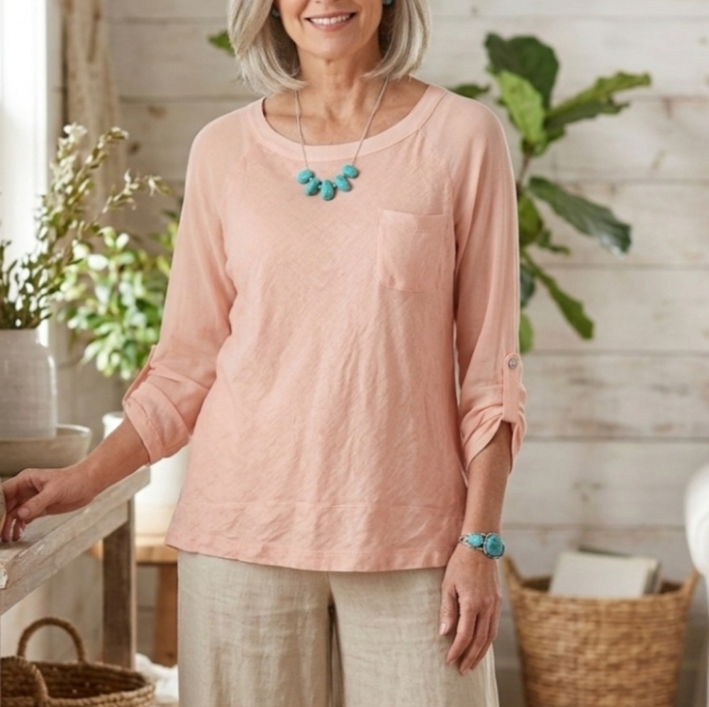 Sundance Peach Pink Linen Blouse Roll tab sleeve Size Small Semi Sheer